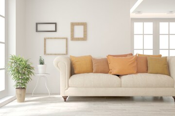Fototapeta premium White living room with sofa. Scandinavian interior design. 3D illustration