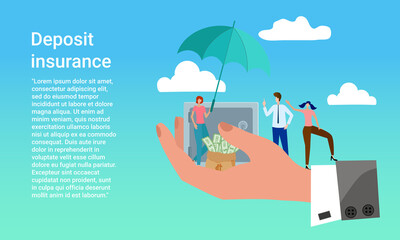 Bank deposit.People on the background of a large bank safe are engaged in banking work.The concept of financing various business projects. Cry in business style.Flat vector illustration.