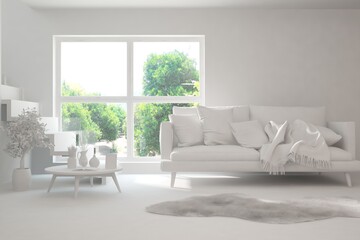 Mock up of stylish room in white color with sofa and green landscape in window. Scandinavian interior design. 3D illustration
