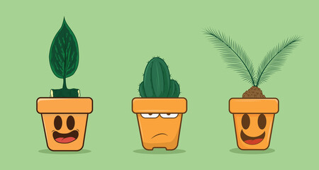 Obraz premium Three cute orange pot characters illustration on light green background