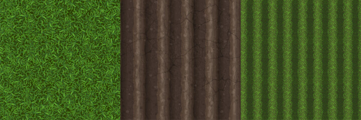 Game textures of green lawn, plowed farm field and grass meadow seamless patterns top view. Realistic textured backgrounds of soil, land, summer natural surface ui or gui layers 3d vector illustration © klyaksun