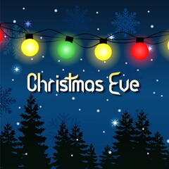Naklejka premium Christmas Eve - lettering Christmas and New Year holiday calligraphy phrase against a background of blue sky studded with stars and snowflakes, fir trees and colorful light bulbs hanging on wires
