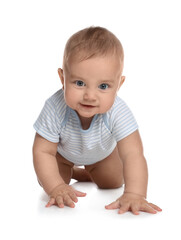Cute little baby boy crawling on white background