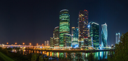 Moscow city at night. Modern skyscrapers in Moscow-city downtown. Moscow, Russia