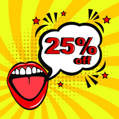 Pop art comic sale discount promotion banner. 25 percent off. Comic text 25 percent sale set discount. Promo sale twenty five percent poster