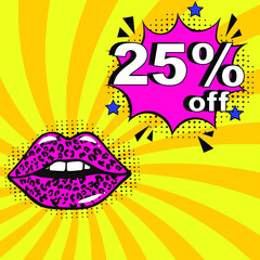 Pop art comic sale discount promotion banner. 25 percent off. Comic text 25 percent sale set discount. Promo sale twenty five percent poster