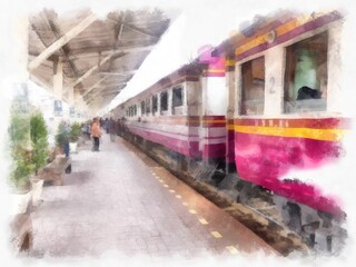 Obraz premium Train at a train station in Thailand watercolor style illustration impressionist painting.