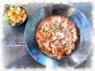 Braised beef noodles in a black plate with pork loin on a wooden table watercolor style illustration impressionist painting.