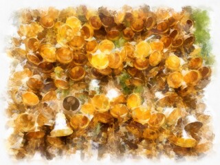 A bunch of small golden bells. watercolor style illustration impressionist painting.