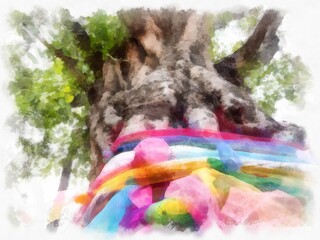 The trunk of a large banyan tree was tied with three colors of cloth. watercolor style illustration impressionist painting.