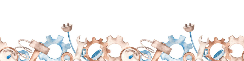 Watercolor seamless border with gears, hammer, bolts, spring, wrench, cord