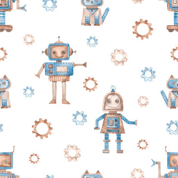 Watercolor seamless pattern with robots, robot girl, robot cat, robot on wheels, gears