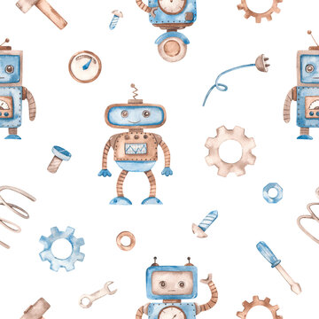 Watercolor seamless pattern with robots, gears, hammer, bolts, spring, wrench, cord