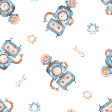 Watercolor seamless pattern with a robot on a wheel, gears, a wrench