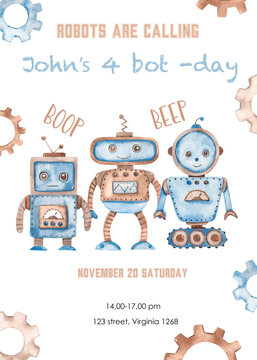 Watercolor birthday invitation card with robots, gear, for boys