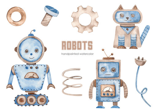 Watercolor set with robots, robot on tracks, robot kid, robot cat, cord, spring, gear
