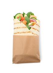 Fototapeta na wymiar Delicious shawarma with chicken meat and fresh vegetables isolated on white, top view