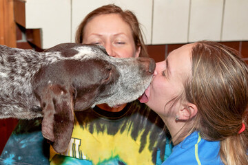 Big hunting dog licks face of two young women