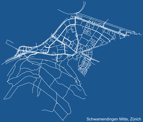Detailed technical drawing navigation urban street roads map on blue background of the district Schwamendingen-Mitte Quarter of the Swiss regional capital city of Zurich, Switzerland
