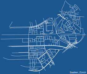 Detailed technical drawing navigation urban street roads map on blue background of the district Saatlen Quarter of the Swiss regional capital city of Zurich, Switzerland
