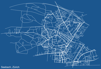 Detailed technical drawing navigation urban street roads map on blue background of the district Seebach Quarter of the Swiss regional capital city of Zurich, Switzerland