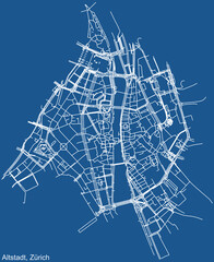 Detailed technical drawing navigation urban street roads map on blue background of the quarter Kreis 1 Altstadt District of the Swiss regional capital city of Zurich, Switzerland