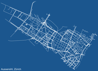Detailed technical drawing navigation urban street roads map on blue background of the quarter Kreis 4 Aussersihl District of the Swiss regional capital city of Zurich, Switzerland