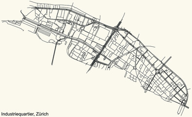 Detailed navigation urban street roads map on vintage beige background of the quarter Kreis 5 Industriequartier District of the Swiss regional capital city of Zurich, Switzerland