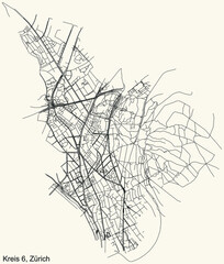 Detailed navigation urban street roads map on vintage beige background of the quarter Kreis 6 District of the Swiss regional capital city of Zurich, Switzerland