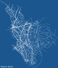 Detailed technical drawing navigation urban street roads map on blue background of the quarter Kreis 6 District of the Swiss regional capital city of Zurich, Switzerland