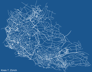 Detailed technical drawing navigation urban street roads map on blue background of the quarter Kreis 7 District of the Swiss regional capital city of Zurich, Switzerland