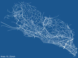 Detailed technical drawing navigation urban street roads map on blue background of the quarter Kreis 10 District of the Swiss regional capital city of Zurich, Switzerland