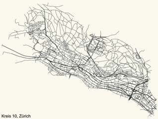 Detailed navigation urban street roads map on vintage beige background of the quarter Kreis 10 District of the Swiss regional capital city of Zurich, Switzerland