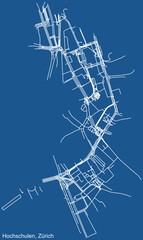 Detailed technical drawing navigation urban street roads map on blue background of the district Hochschulen Quarter of the Swiss regional capital city of Zurich, Switzerland