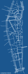 Detailed technical drawing navigation urban street roads map on blue background of the district Lindenhof Quarter of the Swiss regional capital city of Zurich, Switzerland