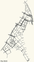 Detailed navigation urban street roads map on vintage beige background of the district City Quarter of the Swiss regional capital city of Zurich, Switzerland