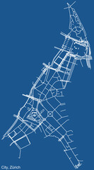 Detailed technical drawing navigation urban street roads map on blue background of the district City Quarter of the Swiss regional capital city of Zurich, Switzerland