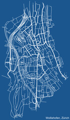 Detailed technical drawing navigation urban street roads map on blue background of the district Wollishofen Quarter of the Swiss regional capital city of Zurich, Switzerland