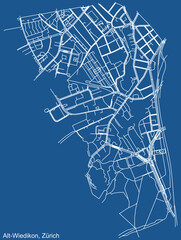Detailed technical drawing navigation urban street roads map on blue background of the district Alt-Wiedikon Quarter of the Swiss regional capital city of Zurich, Switzerland