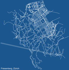 Detailed technical drawing navigation urban street roads map on blue background of the district Friesenberg Quarter of the Swiss regional capital city of Zurich, Switzerland