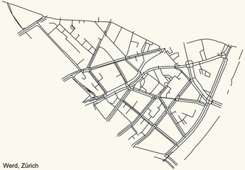 Detailed navigation urban street roads map on vintage beige background of the district Werd Quarter of the Swiss regional capital city of Zurich, Switzerland