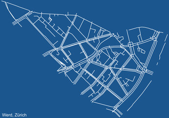Detailed technical drawing navigation urban street roads map on blue background of the district Werd Quarter of the Swiss regional capital city of Zurich, Switzerland