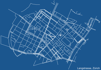 Detailed technical drawing navigation urban street roads map on blue background of the district Langstrasse Quarter of the Swiss regional capital city of Zurich, Switzerland