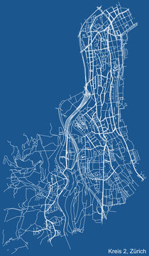 Detailed technical drawing navigation urban street roads map on blue background of the quarter Kreis 2 District of the Swiss regional capital city of Zurich, Switzerland