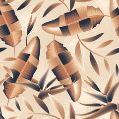 Print summer exotic jungle plant tropical abstract banana leaves and foliage. Pattern, seamless strelitzia floral vector on beige background. Nature wallpaper. fashionable texture. Exotic Summer