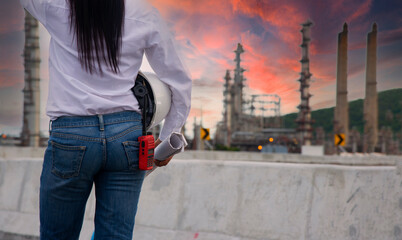 Engineers woman construction safety work concept and construction city .Engineer Concept