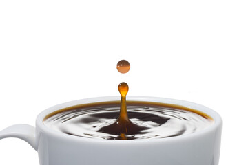 White cup with one drop coffee splash.on white background.