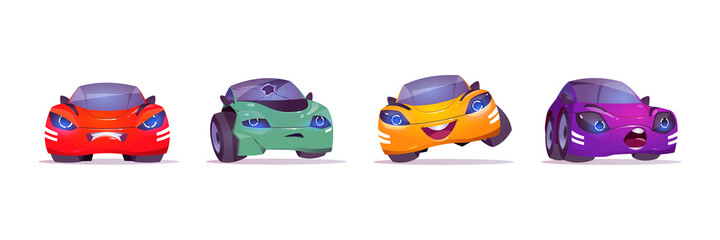 Cartoon car characters express happy or sad emotions, cute automobile emoticons with smiling face, unhappy transport with broken windshield isolated on white background, Vector illustration, icons set