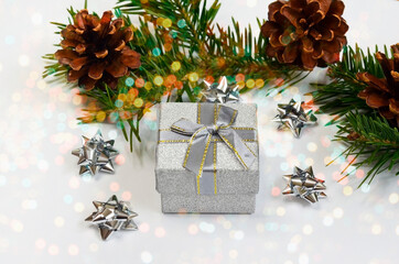merry christmas greeting card with decorations and gift box, festive holiday background with copy...