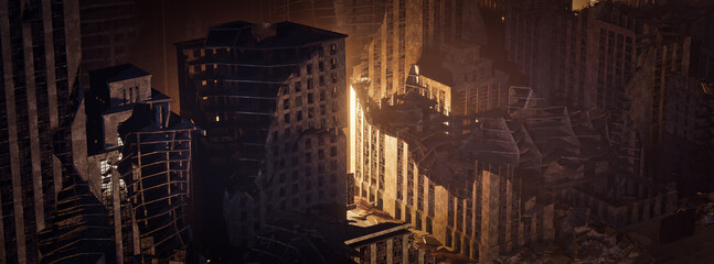 Science fiction city dystopia panorama / 3D illustration of futuristic post apocalyptic sci-fi city ruins under bright sky